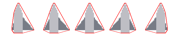 Five placeholder roll frames in one strip, each with its own convex hull drawn in red